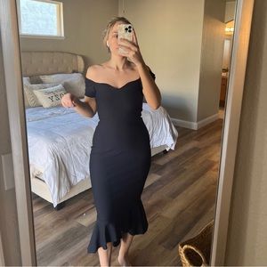 How Much I Care Midnight Blue Off-the-Shoulder Midi Dress